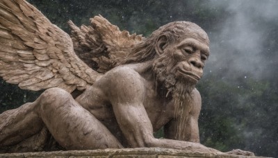 solo,smile,1boy,closed mouth,male focus,nude,wings,sky,from side,facial hair,parody,star (sky),feathered wings,beard,starry sky,angel wings,realistic,angel,old,old man,statue,multiple wings,arm hair,fine art parody,lying,on stomach,giant,wrinkled skin