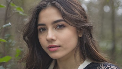 1girl,solo,long hair,looking at viewer,brown hair,shirt,brown eyes,jewelry,earrings,parted lips,teeth,blurry,lips,depth of field,blurry background,leaf,plant,portrait,realistic,nose,stud earrings,outdoors,day,eyelashes