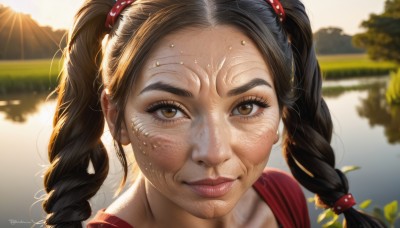 1girl,solo,long hair,looking at viewer,smile,brown hair,black hair,hair ornament,twintails,brown eyes,closed mouth,braid,outdoors,day,artist name,signature,blurry,twin braids,lips,depth of field,blurry background,sunlight,portrait,close-up,forehead,backlighting,freckles,realistic,nose,old woman,shirt,sweat,water,tree,eyelashes,sun,female child,lake