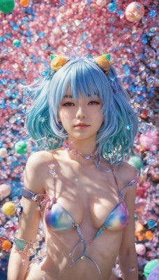 1girl,solo,breasts,looking at viewer,smile,short hair,bangs,blue eyes,hair ornament,navel,bare shoulders,jewelry,medium breasts,closed mouth,blue hair,collarbone,swimsuit,upper body,ahoge,bikini,multicolored hair,small breasts,lying,parted lips,artist name,medium hair,necklace,blurry,lips,front-tie top,breasts apart,bikini top only,blue bikini,armlet,bubble,realistic,nose,front-tie bikini top,flower,horns,day,blurry background,sunlight,cherry blossoms,untied,untied bikini,dappled sunlight