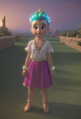 1girl,solo,looking at viewer,smile,short hair,skirt,shirt,brown eyes,jewelry,blue hair,standing,full body,white shirt,short sleeves,earrings,outdoors,green hair,dark skin,necklace,bracelet,lips,aqua hair,toes,glowing,sandals,grass,spiked hair,child,pink skirt,purple skirt,sunset,anklet,female child,glowing hair,aged down