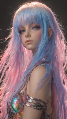 1girl,solo,long hair,breasts,looking at viewer,bangs,blue eyes,simple background,bare shoulders,very long hair,closed mouth,blue hair,upper body,pink hair,multicolored hair,small breasts,from side,lips,eyelashes,gradient hair,messy hair,armlet,realistic,nose,dress,sleeveless,blunt bangs,mole,looking to the side,expressionless,black background,gem