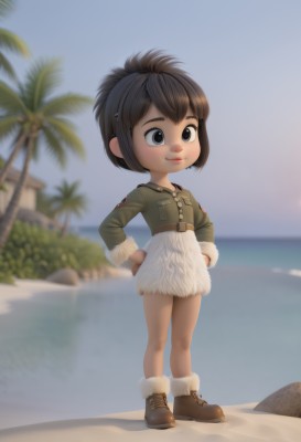 1girl,solo,smile,short hair,brown hair,black hair,brown eyes,closed mouth,standing,jacket,full body,boots,outdoors,sky,day,water,blurry,black eyes,tree,fur trim,blurry background,ocean,beach,child,hands on hips,palm tree,female child,dress,uniform,lips,military,military uniform,realistic,sand