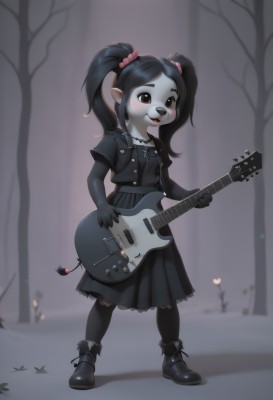 1girl,solo,long hair,blush,smile,open mouth,black hair,gloves,dress,holding,twintails,brown eyes,jewelry,standing,tail,full body,short sleeves,boots,outdoors,shoes,pointy ears,necklace,black footwear,black dress,tree,colored skin,scrunchie,instrument,child,furry,snow,furry female,music,guitar,female child,grey skin,playing instrument,holding instrument,gothic,bangs,hair ornament,animal ears,heart,pantyhose,black gloves,elbow gloves,artist name,blurry,black eyes,black pantyhose,blurry background,cross,body fur,cross necklace,animal nose,black fur