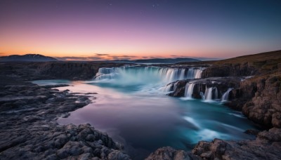 outdoors,sky,cloud,water,no humans,night,star (sky),nature,night sky,scenery,starry sky,reflection,sunset,rock,mountain,river,waterfall,landscape,lake,cliff