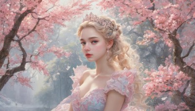 1girl,solo,long hair,breasts,looking at viewer,blue eyes,blonde hair,hair ornament,dress,cleavage,bare shoulders,jewelry,medium breasts,collarbone,upper body,flower,earrings,outdoors,frills,parted lips,day,tree,lips,petals,wavy hair,bug,tiara,cherry blossoms,butterfly,pink dress,nature,forest,curly hair,realistic,red lips,princess,short sleeves,makeup,crown,gem,pink flower,branch