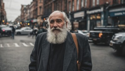 solo,shirt,1boy,closed mouth,jacket,closed eyes,upper body,white hair,male focus,outdoors,bag,blurry,coat,black shirt,depth of field,blurry background,facial hair,ground vehicle,facing viewer,motor vehicle,beard,realistic,mustache,car,road,black sweater,old,old man,street,photo background,looking at viewer,long sleeves,standing,open clothes,day,open jacket,black jacket,parody,backpack,building,meme,wrinkled skin