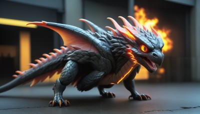 HQ,solo,open mouth,red eyes,standing,tail,full body,wings,teeth,tongue,blurry,orange eyes,pokemon (creature),no humans,blurry background,fangs,fire,sharp teeth,slit pupils,claws,spikes,colored sclera,monster,dragon,scales,breathing fire,kaijuu,glowing,glowing eyes