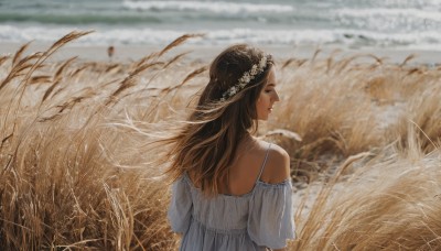 1girl,solo,long hair,smile,brown hair,hair ornament,dress,bare shoulders,closed mouth,closed eyes,upper body,flower,outdoors,day,looking back,hair flower,off shoulder,from behind,white dress,blurry,lips,profile,blurry background,grass,realistic,off-shoulder dress,head wreath,field,looking at viewer,water,depth of field,back,scenery,flower field