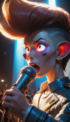 1girl,solo,short hair,open mouth,brown hair,long sleeves,1boy,holding,brown eyes,jacket,upper body,male focus,teeth,solo focus,lips,makeup,sunglasses,lipstick,microphone,nose,music,red lips,facepaint,holding microphone,undercut,singing,microphone stand,pompadour,spotlight,mohawk,cyberpunk,concert,red eyes,jewelry,necklace,eyelashes,facial mark,thick eyebrows,eyeshadow,backlighting,wide-eyed,realistic,crowd