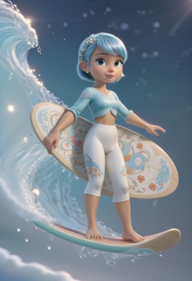 1girl,solo,looking at viewer,smile,short hair,blue eyes,shirt,navel,jewelry,blue hair,standing,full body,hairband,earrings,barefoot,midriff,pants,dark skin,water,dark-skinned female,lips,swept bangs,child,innertube,white pants,tight,leggings,waves,tight pants,capri pants,surfboard,artist name,toes,blue shirt