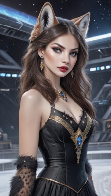 1girl,solo,long hair,breasts,looking at viewer,skirt,brown hair,dress,animal ears,cleavage,bare shoulders,brown eyes,jewelry,medium breasts,upper body,earrings,outdoors,parted lips,sleeveless,artist name,necklace,black dress,lips,animal ear fluff,grey eyes,fur trim,makeup,night,sleeveless dress,lipstick,gem,red lips,wavy hair,wolf ears,thick eyebrows,star (sky),dog ears,extra ears,forehead,eyeshadow,realistic,nose,fur