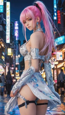 1girl,long hair,breasts,looking at viewer,bangs,blue eyes,skirt,gloves,bare shoulders,jewelry,medium breasts,closed mouth,underwear,standing,ponytail,pink hair,ass,cowboy shot,earrings,outdoors,multiple boys,solo focus,elbow gloves,looking back,fingerless gloves,from behind,lips,thigh strap,night,high ponytail,building,bridal gauntlets,armlet,city,solo,swimsuit,thighs,water,ring,street,neon lights