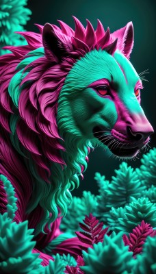 solo,red eyes,animal ears,closed mouth,flower,cat ears,blurry,from side,no humans,animal,leaf,cat,plant,portrait,furry,colored sclera,green background,animal focus,whiskers,artist name,signature,pokemon (creature),watermark,black background,realistic,pink skin,tusks