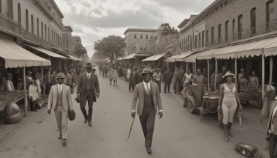 1girl,breasts,short hair,multiple girls,hat,dress,jewelry,jacket,monochrome,weapon,greyscale,outdoors,multiple boys,sky,cloud,necklace,uniform,tree,gun,formal,suit,ground vehicle,building,peaked cap,motor vehicle,walking,6+boys,car,road,sepia,street,fedora,cane,suitcase,boots,necktie,bag,mask,umbrella,sunglasses,sun hat,handbag,straw hat,crowd,muted color