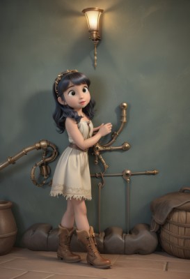 1girl,solo,long hair,black hair,dress,brown eyes,jewelry,standing,full body,hairband,boots,sleeveless,necklace,white dress,black eyes,lips,sleeveless dress,brown footwear,child,cross-laced footwear,female child,barrel,steampunk,parted lips,bag,lantern