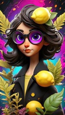 1girl,solo,looking at viewer,short hair,blue eyes,brown hair,shirt,black hair,hair ornament,purple eyes,jacket,upper body,flower,food,glasses,artist name,hair flower,dark skin,dark-skinned female,lips,black jacket,eyelashes,makeup,fruit,bird,animal,leaf,watermark,sunglasses,plant,lipstick,eyeshadow,freckles,yellow flower,nose,animal on shoulder,lemon,bird on shoulder,yellow shirt