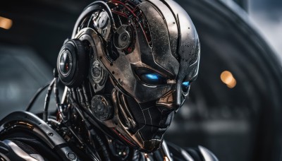 solo,blue eyes,1boy,upper body,male focus,armor,blurry,no humans,blurry background,glowing,helmet,robot,portrait,mecha,glowing eyes,1other,science fiction,realistic,cable,cyborg,looking ahead,power armor,wire,humanoid robot,shiny,from side,mask,close-up,machinery,cyberpunk