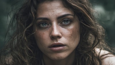 1girl,solo,long hair,looking at viewer,blue eyes,brown hair,parted lips,teeth,blurry,lips,eyelashes,blurry background,wavy hair,messy hair,portrait,close-up,freckles,curly hair,realistic,nose,dirty,black hair,green eyes,sunlight