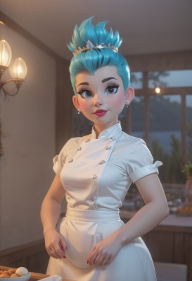 1girl,solo,breasts,looking at viewer,smile,short hair,blue eyes,hat,dress,jewelry,medium breasts,closed mouth,blue hair,standing,short sleeves,cowboy shot,earrings,food,indoors,nail polish,white dress,blurry,apron,lips,fingernails,eyelashes,window,aqua hair,makeup,night,buttons,depth of field,blurry background,tiara,lipstick,red nails,plate,eyeshadow,red lips,double-breasted,stud earrings,hair up,kitchen,chef hat,chef,blush,hair ornament,web address