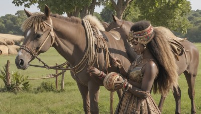 1girl,solo,long hair,breasts,smile,brown hair,black hair,dress,holding,bare shoulders,jewelry,closed eyes,outdoors,day,dark skin,necklace,bracelet,from side,dark-skinned female,tree,profile,animal,grass,nature,headdress,riding,horse,very dark skin,horseback riding,tribal,hair ornament,earrings,sky,sleeveless,nail polish,makeup,headband,piercing,ring,bangle,nose piercing