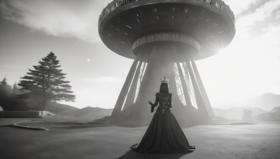 1girl,solo,long hair,dress,standing,monochrome,greyscale,outdoors,sky,cloud,virtual youtuber,from behind,tree,tiara,crown,scenery,facing away,fog,hood,halo,cloudy sky,cloak,1other,mushroom