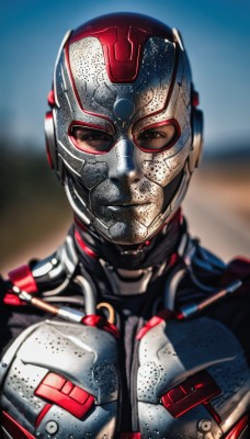 solo,looking at viewer,1boy,brown eyes,upper body,male focus,armor,blurry,bodysuit,blurry background,helmet,portrait,science fiction,realistic,straight-on,power armor,depth of field,superhero,alien