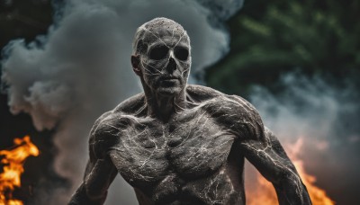 solo,looking at viewer,1boy,upper body,male focus,blurry,muscular,blurry background,facial hair,fire,smoke,veins,realistic,bald,alien,burning,closed mouth,sky,cloud,facing viewer,topless male