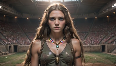 1girl,solo,long hair,breasts,looking at viewer,blush,blue eyes,blonde hair,brown hair,cleavage,bare shoulders,jewelry,medium breasts,closed mouth,collarbone,upper body,parted lips,sleeveless,solo focus,day,indoors,necklace,blurry,lips,wavy hair,grass,gem,armband,forehead,armlet,pendant,freckles,realistic,nose,dirty,crowd,stadium,dress,small breasts,blurry background,sunlight,messy hair,dirty face