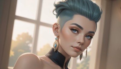 1girl,solo,looking at viewer,short hair,blue eyes,bare shoulders,jewelry,closed mouth,blue hair,collarbone,earrings,indoors,blurry,lips,eyelashes,window,detached collar,blurry background,piercing,ear piercing,portrait,freckles,nose,green hair,artist name,aqua hair,makeup,thick eyebrows,gem,backlighting,realistic,undercut