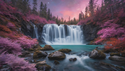 outdoors, sky, water, tree, no humans, night, star (sky), nature, night sky, scenery, forest, starry sky, rock, river, waterfall