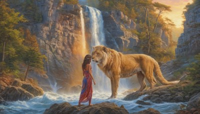 1girl,solo,long hair,brown hair,black hair,dress,bare shoulders,jewelry,standing,outdoors,barefoot,dark skin,water,dark-skinned female,tree,animal,nature,scenery,wading,forest,rock,fantasy,ruins,river,waterfall,lion,sunset