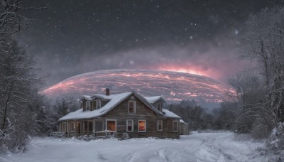 outdoors,sky,cloud,tree,no humans,window,night,building,star (sky),nature,night sky,scenery,snow,forest,starry sky,snowing,mountain,door,house,winter,bare tree,pine tree,landscape