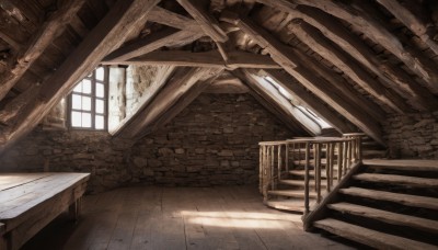 monochrome,day,indoors,dutch angle,no humans,window,sunlight,scenery,light rays,stairs,railing,sunbeam,ruins,pillar,shadow,wall,brick wall,brick floor,broken window