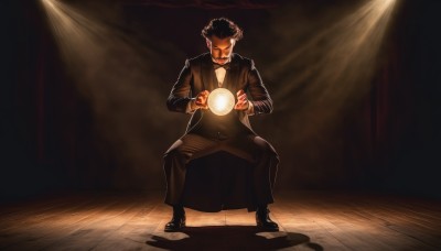 solo,short hair,shirt,black hair,1boy,bow,holding,standing,full body,male focus,necktie,shoes,pants,bowtie,black footwear,shadow,glowing,facial hair,formal,suit,light,dark,black suit,spotlight,tuxedo,looking at viewer,long sleeves,closed mouth,jacket,white shirt,collared shirt,indoors,vest,black jacket,parody,black pants,legs apart