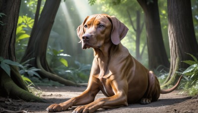 HQ,solo,tail,full body,outdoors,day,blurry,tree,no humans,animal,leaf,sunlight,looking up,plant,nature,forest,dog,light rays,realistic,sunbeam,animal focus,blue eyes,sitting,signature,grass,bush