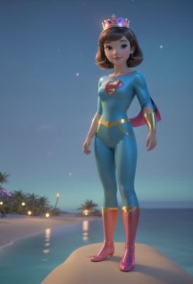 1girl,solo,breasts,looking at viewer,smile,short hair,bangs,brown hair,brown eyes,jewelry,medium breasts,standing,full body,earrings,small breasts,boots,outdoors,parted lips,sky,artist name,water,cape,blurry,tree,lips,bodysuit,night,blurry background,ocean,beach,knee boots,tiara,crown,red footwear,star (sky),night sky,skin tight,backlighting,sand,palm tree,arms at sides,bracer,superhero,blue bodysuit,long sleeves,closed mouth,black eyes,blue sky,reflection,pink footwear