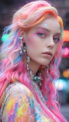 1girl,solo,long hair,looking at viewer,jewelry,closed mouth,blue hair,upper body,pink hair,multicolored hair,earrings,artist name,necklace,blurry,from side,lips,see-through,grey eyes,eyelashes,makeup,depth of field,blurry background,watermark,wavy hair,gem,portrait,eyeshadow,realistic,nose,eyeliner,bokeh,mascara,blue eyes,blonde hair,green eyes,parted lips,choker,orange hair,two-tone hair,facial mark,expressionless,lipstick,freckles,beads,pearl (gemstone)