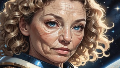 1girl,solo,looking at viewer,blue eyes,blonde hair,1boy,closed mouth,male focus,signature,star (symbol),lips,eyelashes,wavy hair,portrait,star (sky),close-up,curly hair,realistic,nose,space,old,planet,earth (planet),short hair,sky,sparkle,spacesuit,wrinkled skin