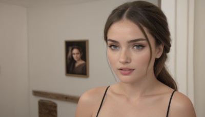 1girl,solo,long hair,looking at viewer,blue eyes,brown hair,bare shoulders,collarbone,ponytail,parted lips,indoors,blurry,lips,grey eyes,blurry background,portrait,freckles,realistic,painting (object),portrait (object),upper body,teeth,eyelashes,forehead,nose,spaghetti strap,bra strap