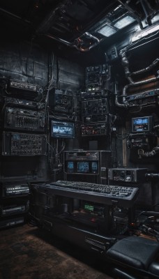 indoors,no humans,chair,robot,scenery,science fiction,realistic,cable,computer,monitor,keyboard (computer),english text,machinery,spacecraft,wire,cockpit,screen