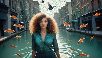 1girl,solo,long hair,breasts,looking at viewer,skirt,brown hair,shirt,cleavage,brown eyes,medium breasts,collarbone,outdoors,collared shirt,dark skin,water,dark-skinned female,lips,bird,animal,blue shirt,building,scenery,reflection,fish,curly hair,city,realistic,nose,arms at sides,big hair,surreal,goldfish,black hair,standing,upper body,parted lips,day,window,makeup,sunlight,sleeves rolled up,backlighting,green shirt,road,street,sleeves pushed up,afro,reflective water,crosswalk,vanishing point