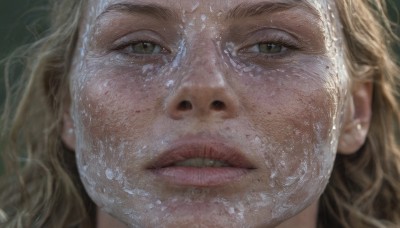 1girl,solo,long hair,looking at viewer,blonde hair,brown eyes,green eyes,parted lips,teeth,water,mole,lips,portrait,close-up,freckles,reflection,realistic,nose,mole on cheek,blurry,grey eyes,eyelashes