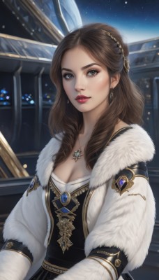 1girl,solo,long hair,breasts,looking at viewer,brown hair,hair ornament,long sleeves,dress,cleavage,brown eyes,jewelry,medium breasts,upper body,earrings,parted lips,sky,necklace,lips,coat,grey eyes,fur trim,makeup,night,lipstick,gem,star (sky),night sky,pendant,starry sky,nose,red lips,bangs,blue eyes,artist name,parted bangs,wavy hair,eyeshadow,realistic