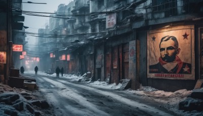 1boy,male focus,outdoors,multiple boys,day,star (symbol),scarf,mask,facial hair,cat,sunglasses,ground vehicle,building,scenery,motor vehicle,beard,snow,city,sign,road,ruins,power lines,street,utility pole,standing,sky,rock,silhouette,poster (object)