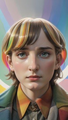 1girl,solo,looking at viewer,blush,short hair,bangs,blonde hair,brown hair,shirt,closed mouth,green eyes,jacket,multicolored hair,shiny,collared shirt,lips,streaked hair,fur trim,eyelashes,thick eyebrows,portrait,realistic,nose,multicolored background