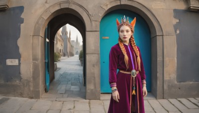 1girl,solo,long hair,looking at viewer,blonde hair,long sleeves,dress,animal ears,brown eyes,jewelry,closed mouth,standing,braid,outdoors,day,orange hair,twin braids,bracelet,lips,coat,crown,building,hair over shoulder,robe,door,pillar,hallway,red hair,scenery,freckles,arch