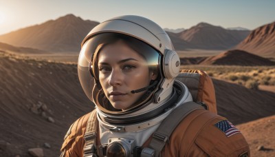 1girl,solo,looking at viewer,short hair,brown hair,brown eyes,closed mouth,upper body,outdoors,sky,blurry,lips,blurry background,helmet,portrait,lens flare,headset,mountain,realistic,nose,sun,american flag,spacesuit,japanese flag,space helmet,astronaut,sunlight,backpack,scenery,reflection,science fiction,rock,desert