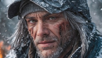 solo,long hair,looking at viewer,1boy,hat,brown eyes,closed mouth,grey hair,male focus,outdoors,blurry,blurry background,facial hair,scar,portrait,beard,snow,close-up,snowing,realistic,beanie,old,old man,white hair,hood,grey eyes,scar on face,scar across eye,manly