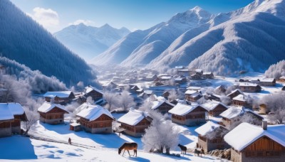 outdoors,sky,day,cloud,tree,blue sky,no humans,animal,building,nature,scenery,snow,forest,mountain,road,house,winter,landscape,mountainous horizon,town,dog